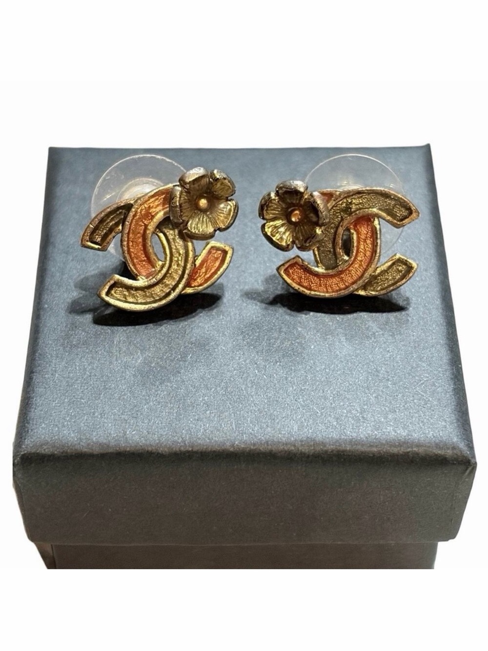 Chanel CC Camellia Enamel Stud Earrings Gold-Plated Green Coral Flower